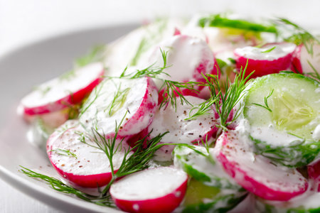 Freshly made radish and cucumber salad drizzled with a creamy dressing and dillの素材