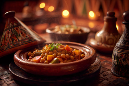 Chickpea and vegetable tagine stew steaming in a traditional clay pot, surrounded by a warm ambianceの素材