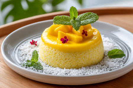 Tropical mango mousse topped with fresh diced mango, mint, and shredded coconutの素材