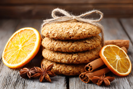 Warm oatmeal cookies with orange, star anise, and cinnamon sticks on a rustic wooden backgroundの素材