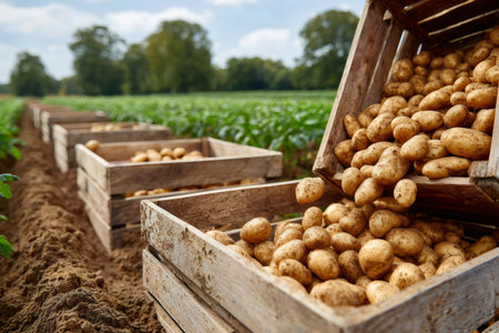 Freshly harvested potatoes are spilling from wooden crates in a farm field, symbolizing abundanceの素材