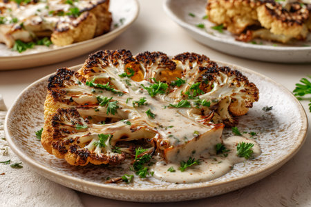 Cauliflower steak served on a plate with creamy sauce and green herbsの素材