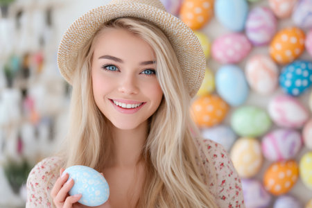Young woman smiling while holding a decorated Easter egg, surrounded by colorful eggsの素材