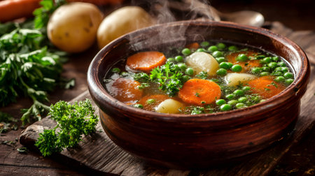 Steaming vegetable soup with carrots, peas, and potatoes in a rustic bowl on a wooden tableの素材