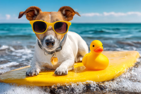 Jack Russell terrier wearing yellow sunglasses laying on a surfboard next to a rubber duck on the beachの素材