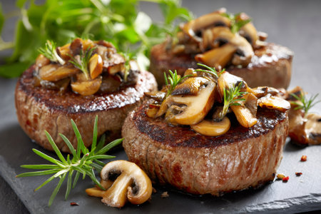 Gourmet filet mignon steaks topped with sautÃ©ed button mushrooms and fresh rosemaryの素材
