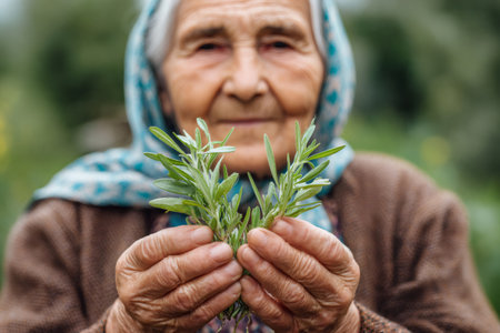 Woman's hands holding green herbs, representing tradition and natural healingの素材