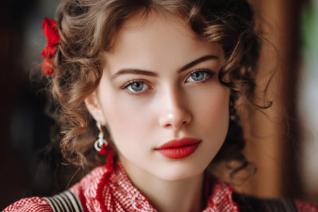 Portrait of a beautiful young woman featuring striking blue eyes and elegant curly hairの素材