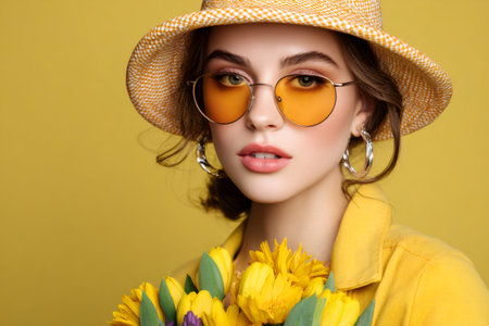 Woman wearing yellow bucket hat, sunglasses, and jacket, holding a bouquet of yellow flowersの素材