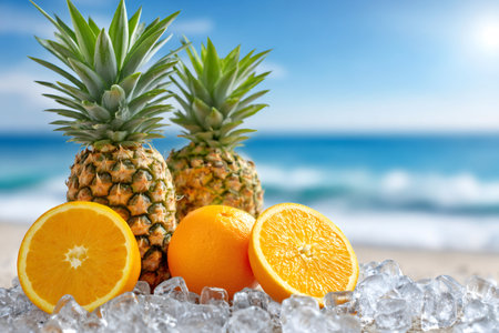 Pineapple and orange chilling on ice at a sunny beach with blue seaの素材