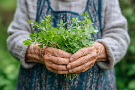 Senior woman's hands gathering freshly picked organic herbs from her home gardenの素材