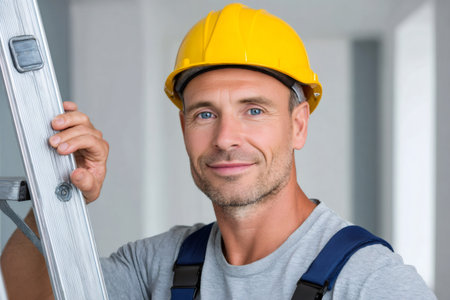 Construction worker wearing a yellow hard hat and blue overalls holding a ladderの素材