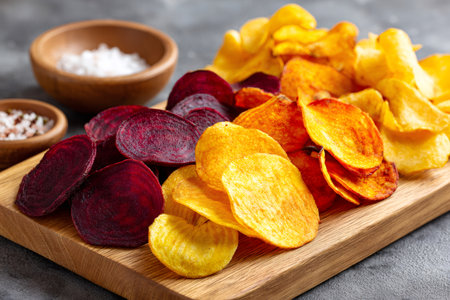 Different vegetable chips with salt in bowls, offering a healthy snack or appetizerの素材