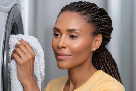 Black woman putting laundry towel into washing machine, cleaning at homeの素材