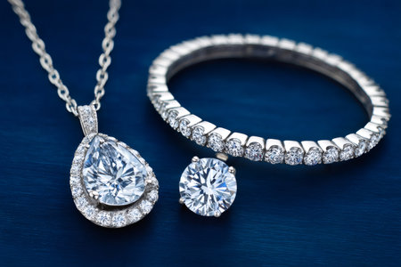 Diamond jewelry set including a pendant, bracelet, and stud earring showing luxuryの素材