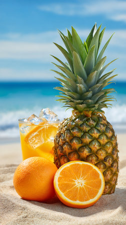 Tropical fruits and refreshing juice sitting on beach sand with ocean backgroundの素材