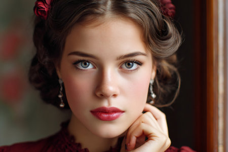 Young woman looking at camera with sophisticated style and thoughtful expressionの素材