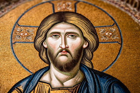 Jesus Christ mosaic icon from a church, showcasing religious faith and Christianityの素材