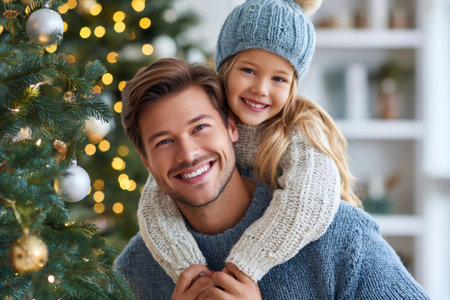 Happy father and daughter embracing with smiles by a decorated Christmas treeの素材