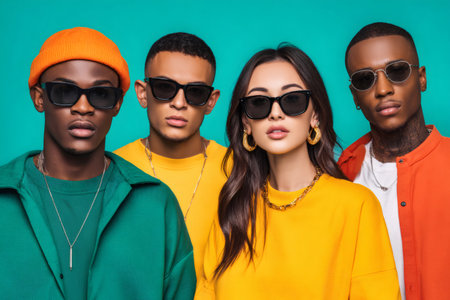 Group of stylish people posing, showcasing diversity and fashion trendsの素材