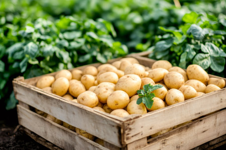 Potatoes filling a wooden crate after harvest from an organic fieldの素材
