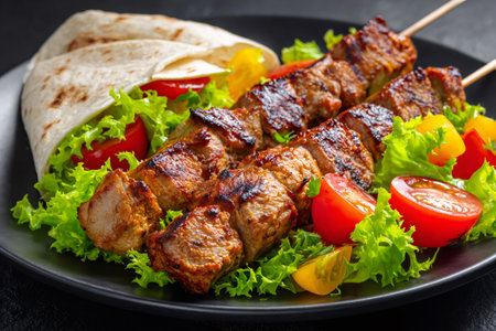 Appetizing grilled meat skewers served with fresh lettuce, tomatoes, and a soft flatbreadの素材