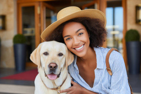 Happy woman and her pet dog smiling together outdoorsの素材
