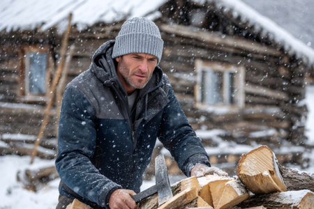 Man splitting logs with an ax near a rustic log cabin in a snowy landscapeの素材