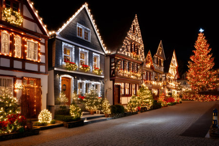 Cozy village houses and a large Christmas tree shining with warm festive lights on a winter nightの素材