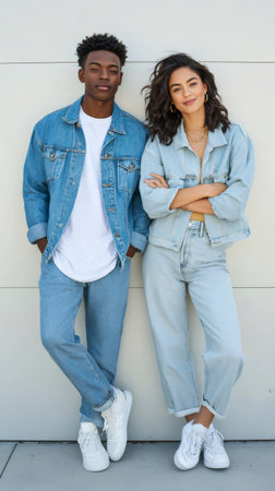 Man and woman wearing denim jackets and jeans, standing against a white wallの素材