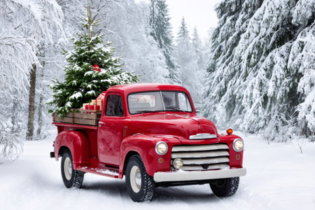 Red pickup truck driving down a snowy forest road carrying a Christmas tree and giftsの素材