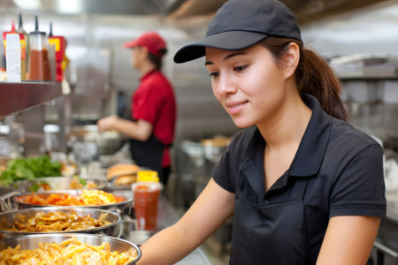 Young woman working in a busy restaurant kitchen, preparing food for customersの素材
