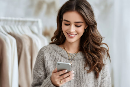 Woman smiling while using her smartphone for online shopping in a clothing storeの素材