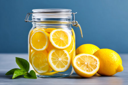 Lemon slices submerging in water inside a glass jar, creating a fresh detox beverageの素材