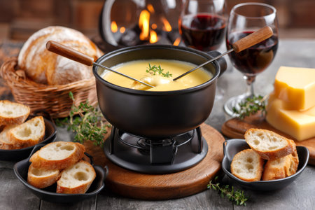 Warm cheese fondue pot with forks, surrounded by bread, cheese, and red wine glassesの素材