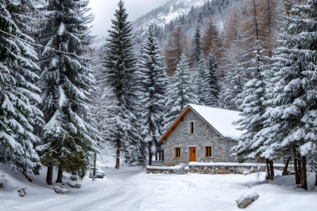 Stone cabin sits covered in snow along a winding road surrounded by pine treesの素材