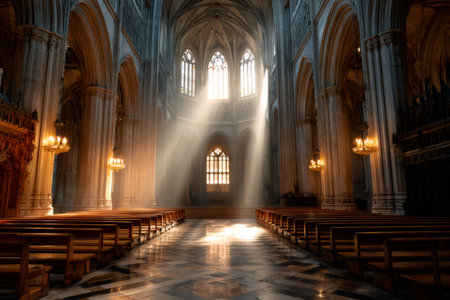 Gothic cathedral interior featuring sunlight streaming through windows and illuminating empty seatingの素材