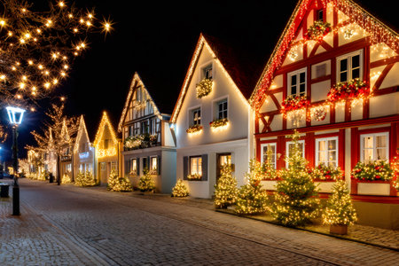 European village homes and trees illuminating festive Christmas decorations at nightの素材