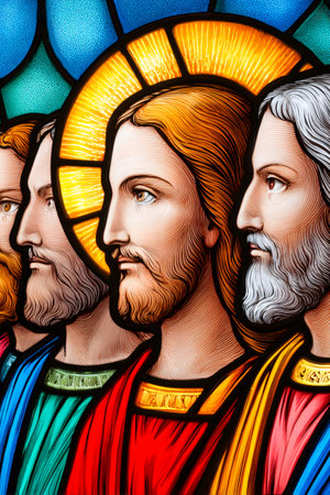 Stained glass window showing jesus christ with a halo and his apostlesの素材