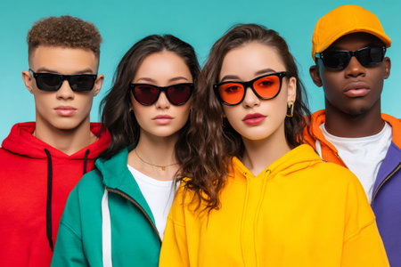 Four stylish young people standing together, expressing diversity and fashionの素材