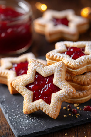 Classic star shaped sugar cookies filled with festive cranberry jam, dusted with powdered sugarの素材
