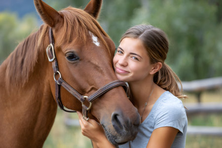 Young woman smiling while hugging a brown horse in an outdoor settingの素材