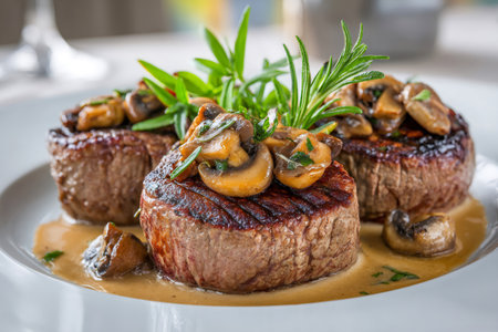Perfectly seared beef medallions with sautÃ©ed mushrooms, creamy sauce, and fresh rosemaryの素材
