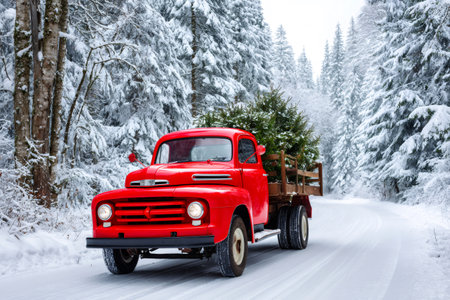 Red pickup truck driving on a snowy road with a Christmas tree in its bedの素材