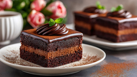 Decadent chocolate cake slice on a plate, featuring rich layers and a mint garnishの素材