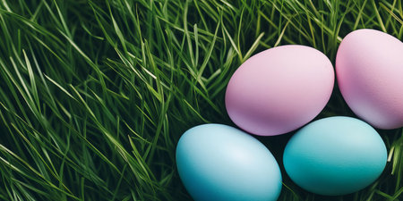Colorful eggs symbolizing easter tradition and spring celebration resting in natureの素材