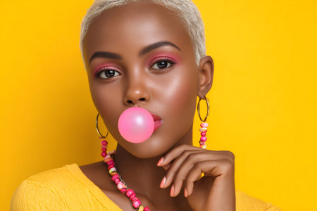 Young woman blowing a pink bubble gum with vibrant makeup and accessoriesの素材