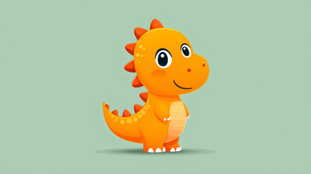 Adorable happy cartoon baby dinosaur standing on a light green backgroundの素材