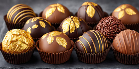 Gourmet chocolate truffles neatly arranged, featuring various textures and gold leafの素材