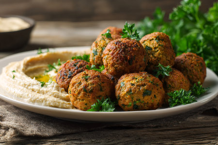 Falafel balls served with hummus dip and fresh parsley on a rustic wooden tableの素材